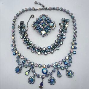 Unsigned Schoffel silver tone blue AB rhinestones necklace bracelet brooch set